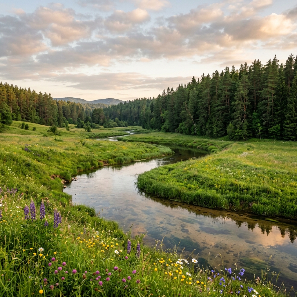 Serene Latvian nature landscape with river and forest
